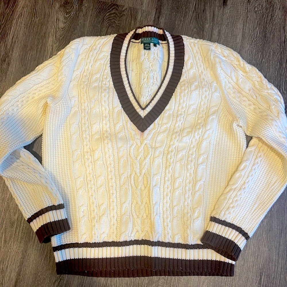 Ralph Lauren cream and brown cables V-neck sweater